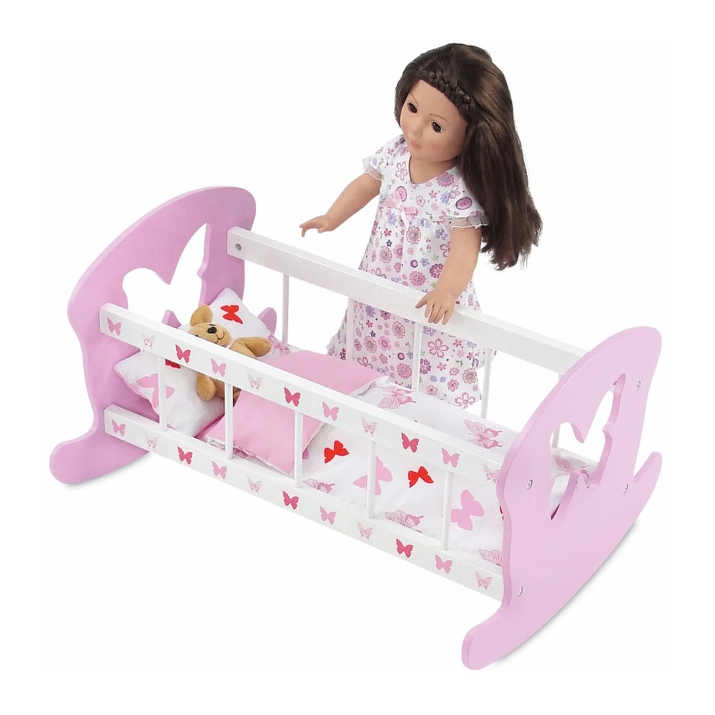 Doll Rocking Cradle with 3 Piece Reversible Doll Bedding I743