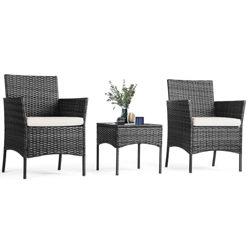 3 Pieces Wicker Rattan Patio Furniture Set with Cushion and Glass Table K128043