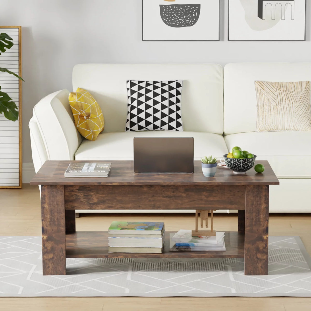 Brown Lift Top Coffee Table with Hidden Compartment and Storage Shelf L183008