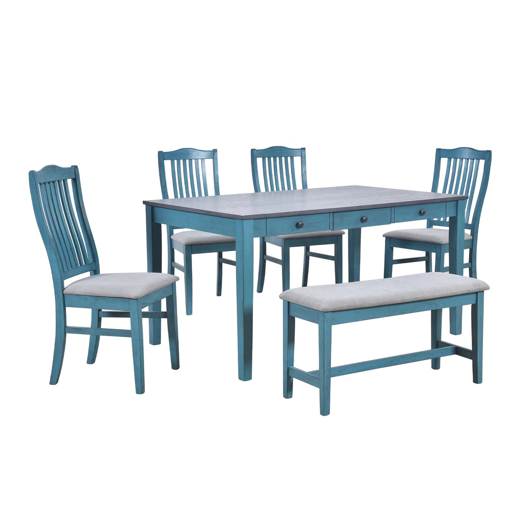 6 Pieces Wood Dining Table Set with Drawer and Bench Q18848
