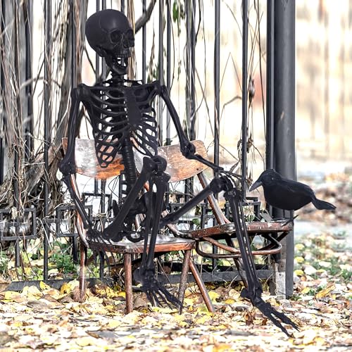 5.4Ft Posable Skeleton with Movable Joints and 2PC Black Feathered Crows M596