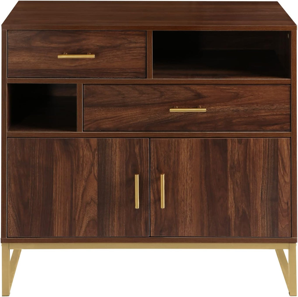 Walnut Wood 2 Doors Accent Storage Cabinet with Drawers and Shelves R494