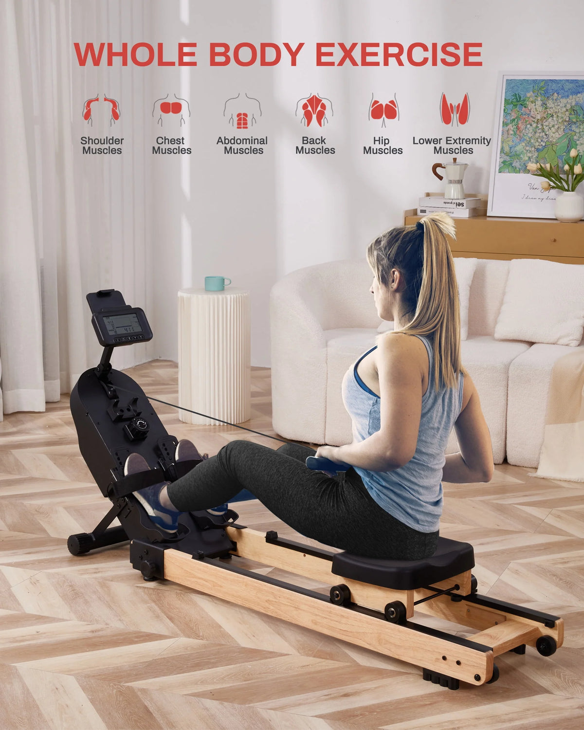 Wooden Magnetic Rower Machine with 16 Levels of Resistance S2803