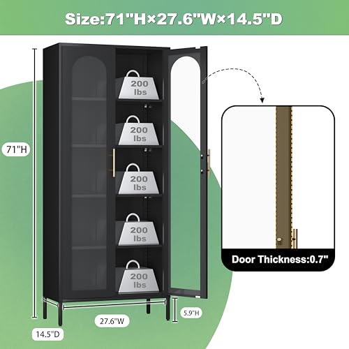 71" Tall Black Glass Display Cabinet with 4 Shelves X934523