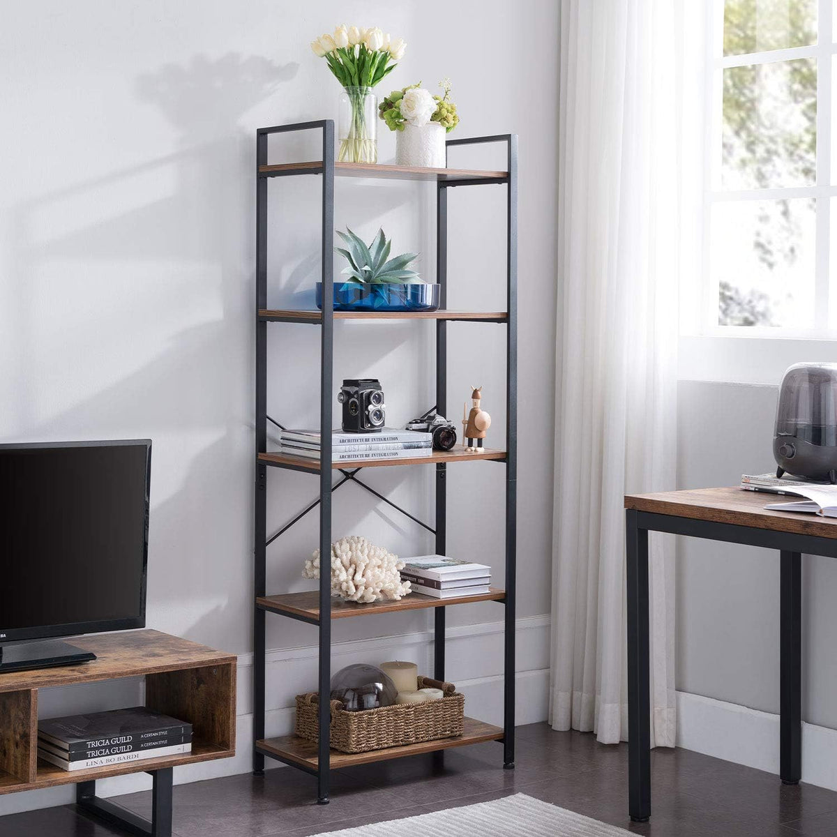 5-Tier Industrial Retro Brown Wood and Metal Bookcase E704