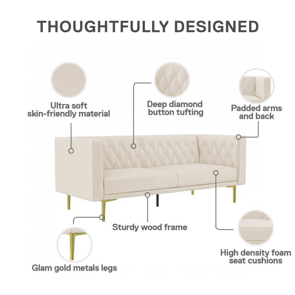 Ivory Velvet Sofa with Gold Finish Metal Legs D525