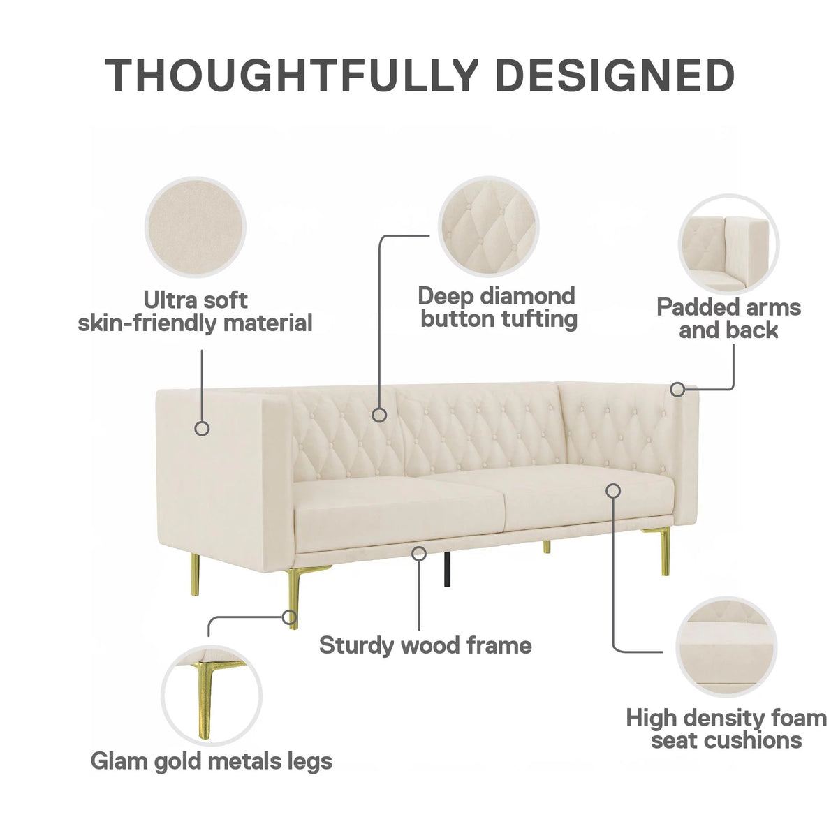 Ivory Velvet Sofa with Gold Finish Metal Legs D525