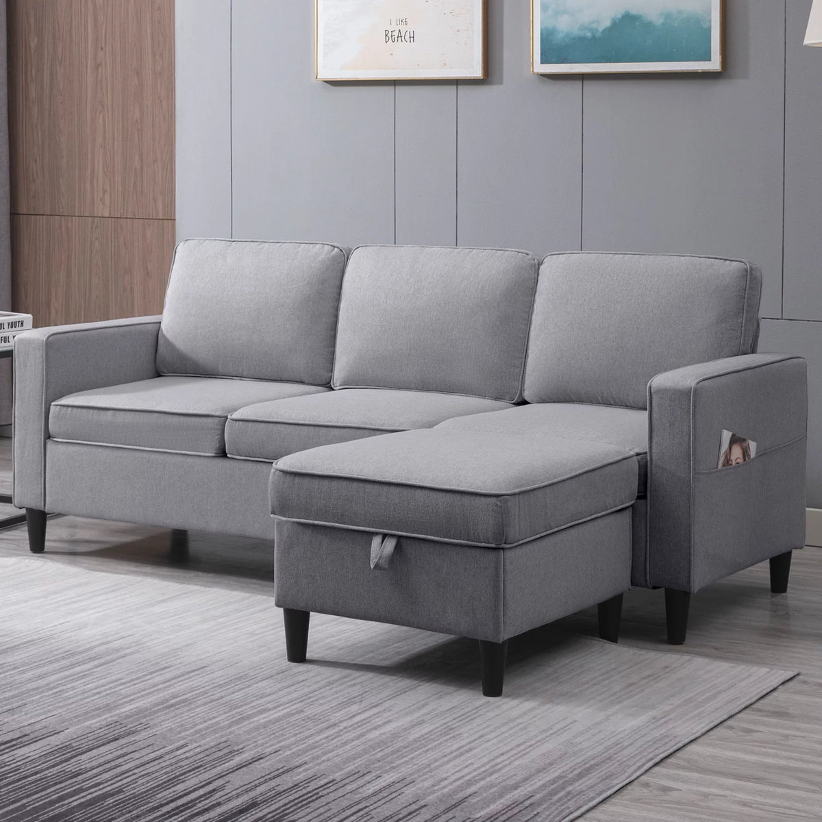 Light Gray 3 Pcs Convertible Sectional Sofa with Storage Ottoman W460