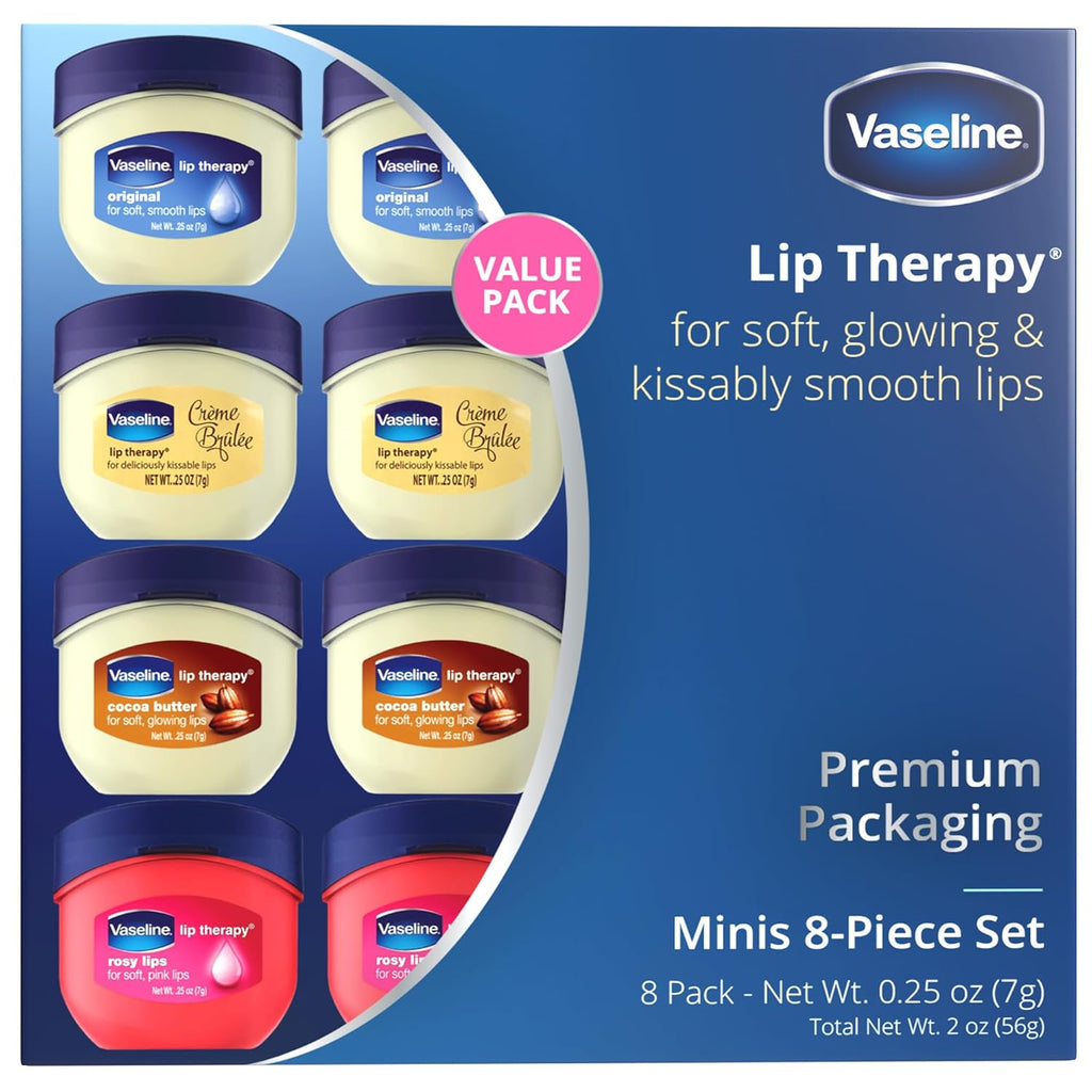 Vaseline Lip Therapy Rosy Lips, Cocoa Butter, Creme Brulee, Original Lip Balm, Tinted and Clear Lip Gloss Set, 2 of Each, 0.25 Oz Ea (8 Piece Set) R489