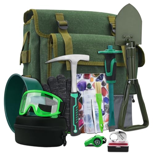 15 PCS Geology Rock Pick Hammer Kit with Digging Chisels, Shovel, Backpack, Magnifying Glass, Goggles, Whistle, Soil Sieve O689551
