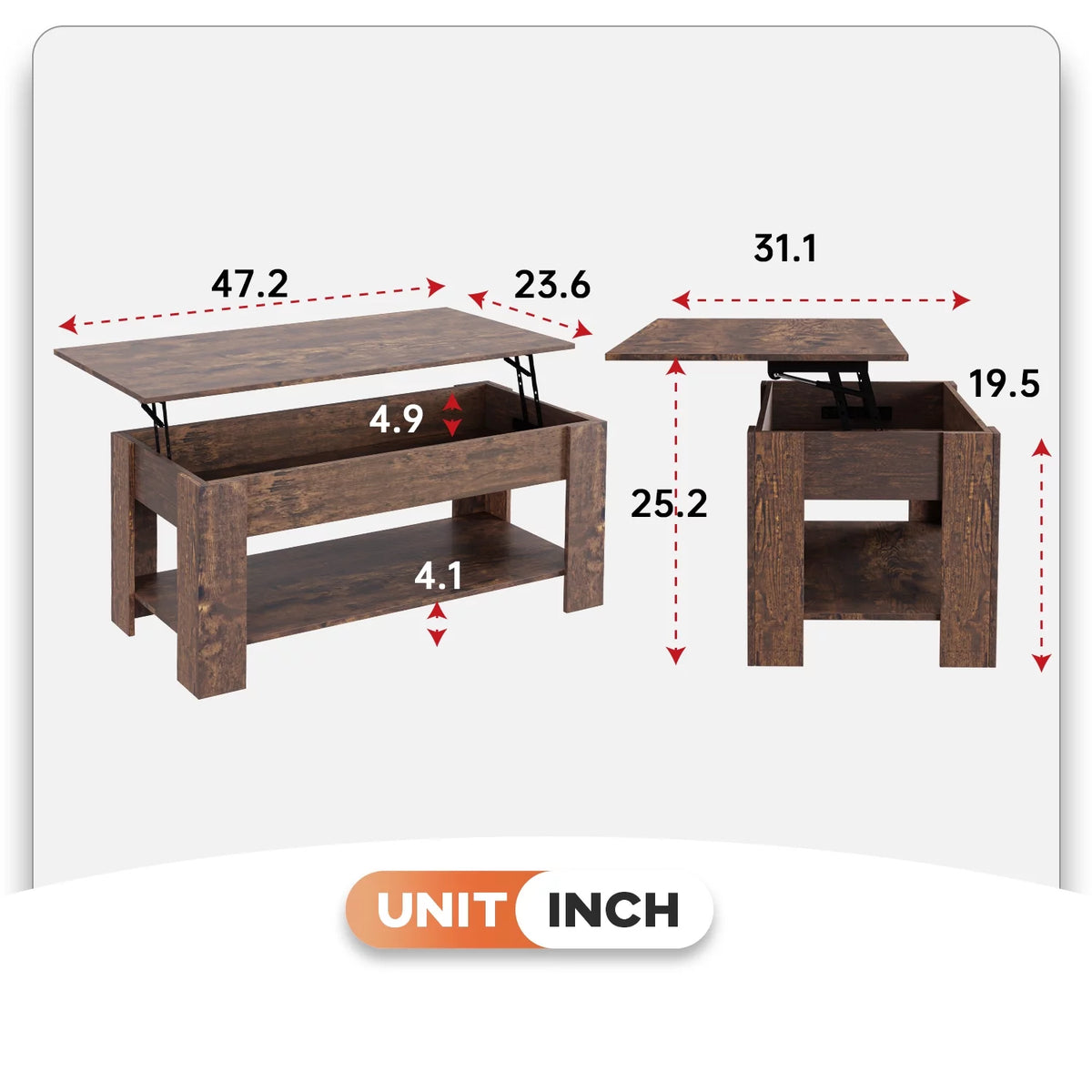 Brown Lift Top Coffee Table with Hidden Compartment and Storage Shelf L183008