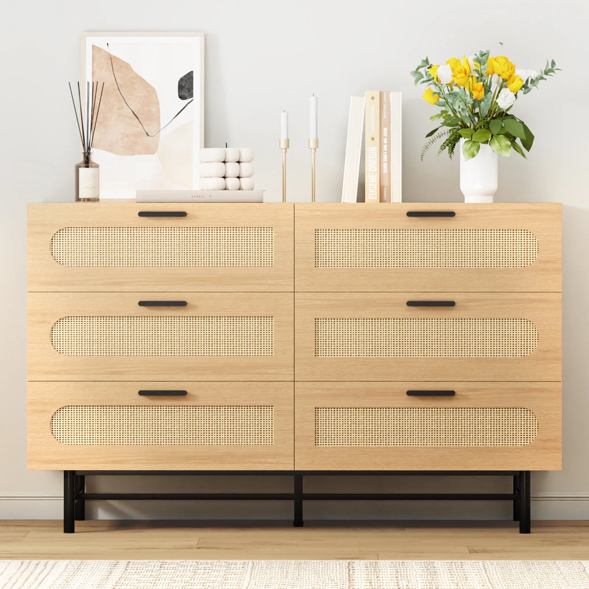 6 Drawer Natural Rattan Wood Dresser G9281