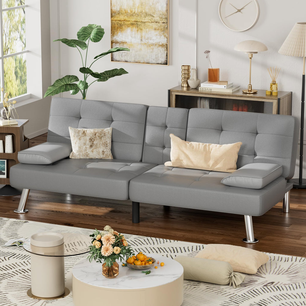 Grey Faux Leather Foldable Futon Sofa Bed with Removable Armrests I6308