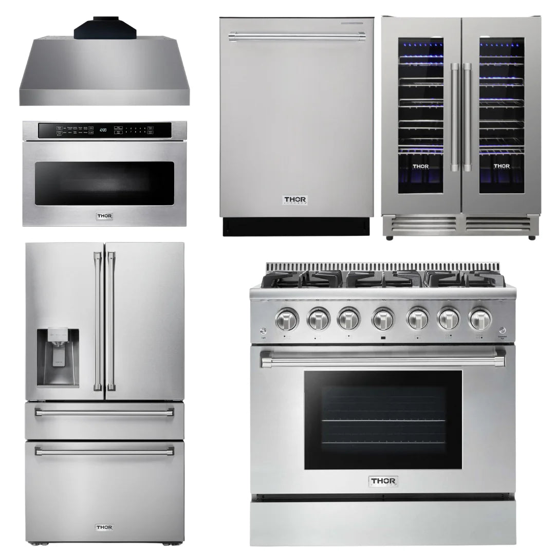 36 Propane Gas Range, Range Hood, Microwave, Refrigerator, Dishwasher, Wine Cooler G605