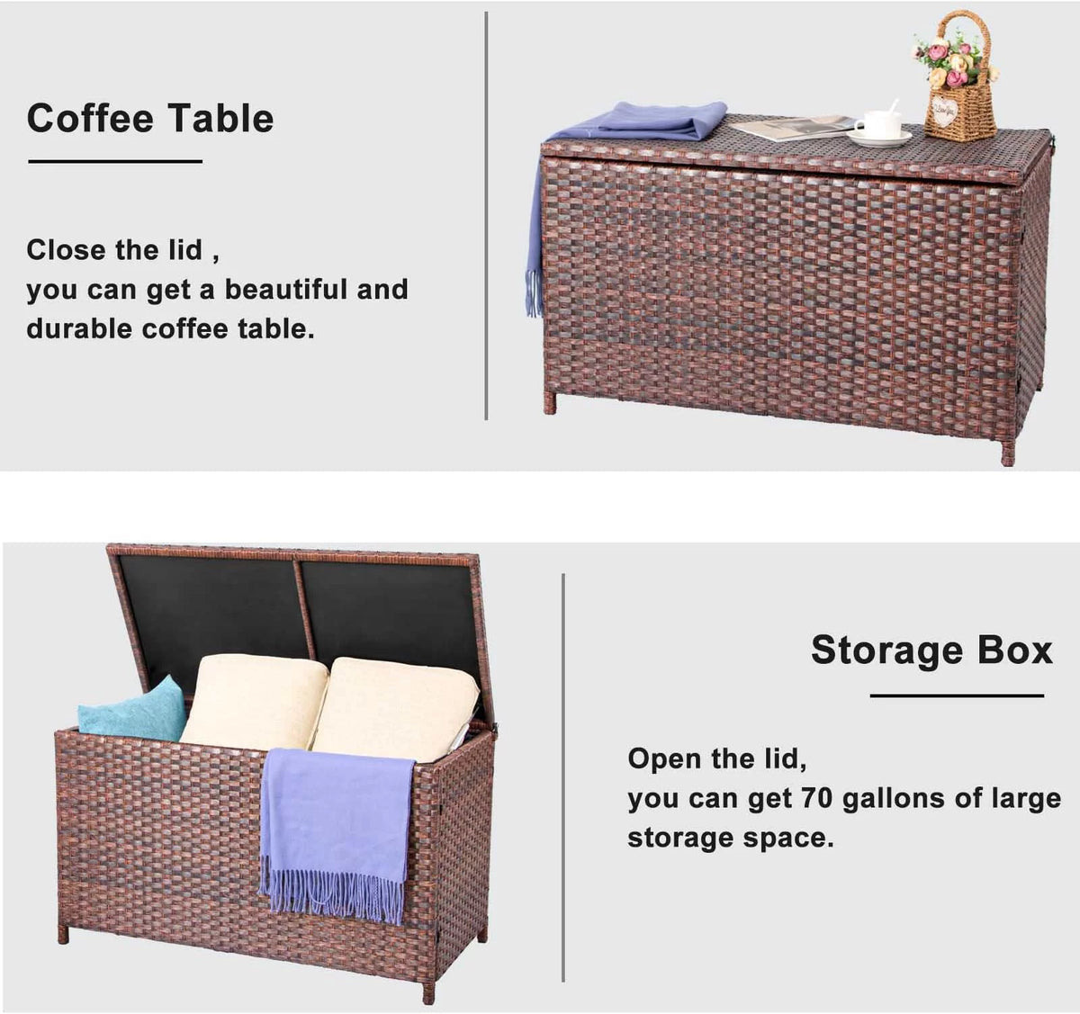 Outdoor Wicker Rattan Storage Box Table 70 Gallon M5339