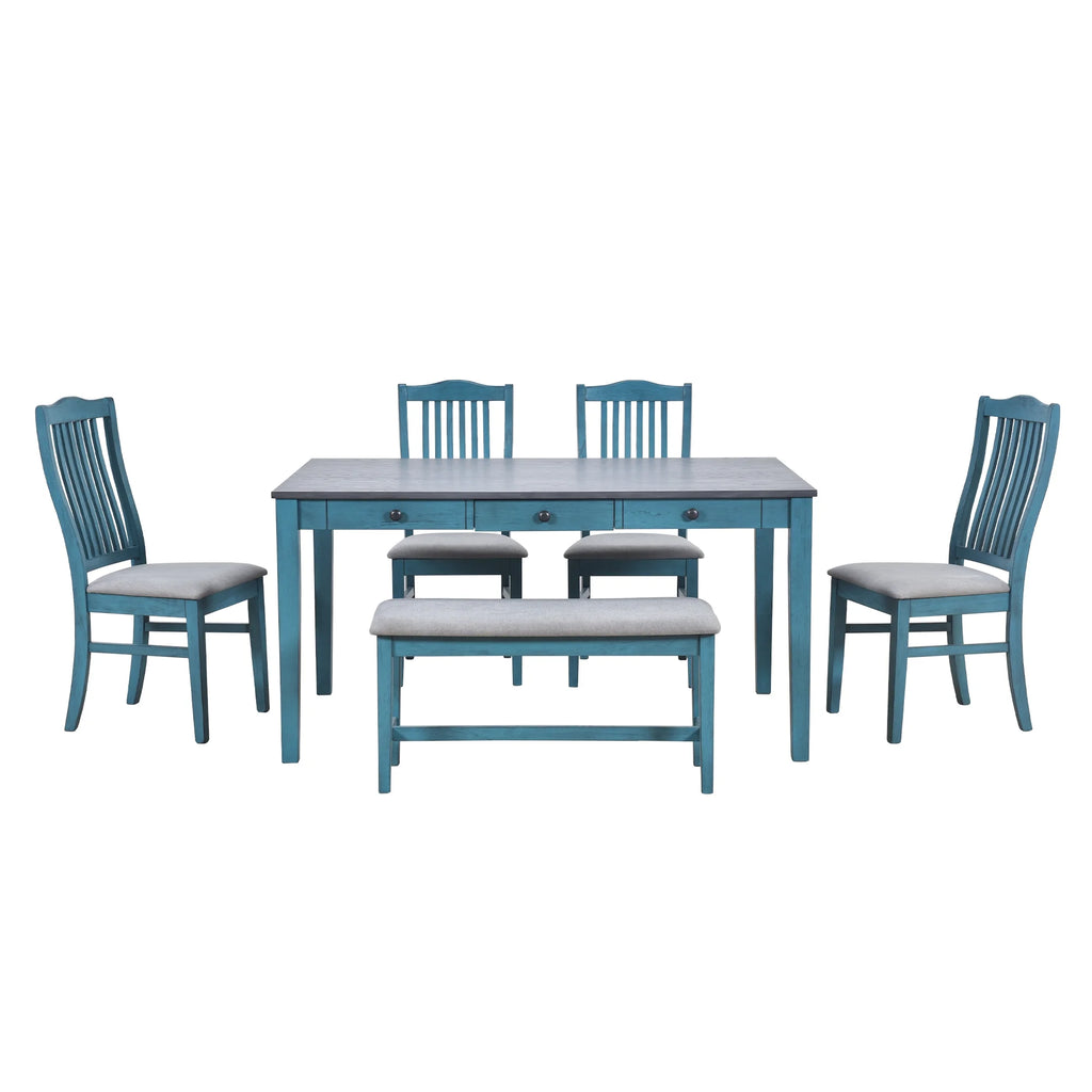 6 Pieces Wood Dining Table Set with Drawer and Bench Q18848