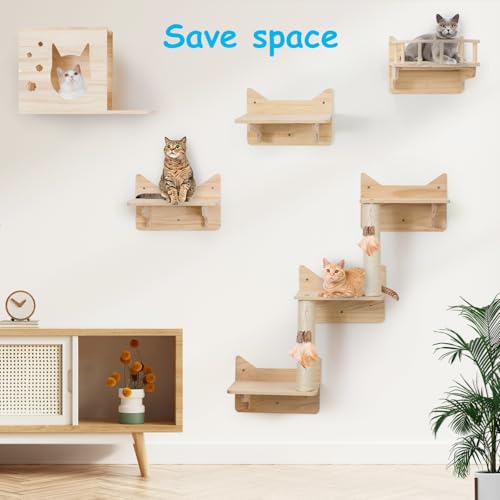9-Piece Wall-Mounted Cat Shelves Set with 2 Sisal Scratching Posts A489234