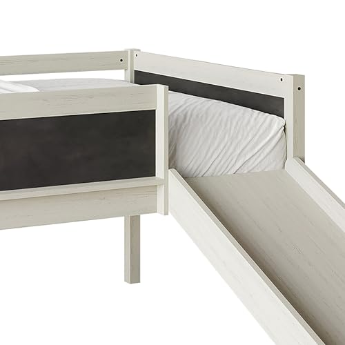 Antique Gray Wood Twin Loft Bed Frame with Slide, Climbing Ladder, Chalkboard, Guardrail B57193