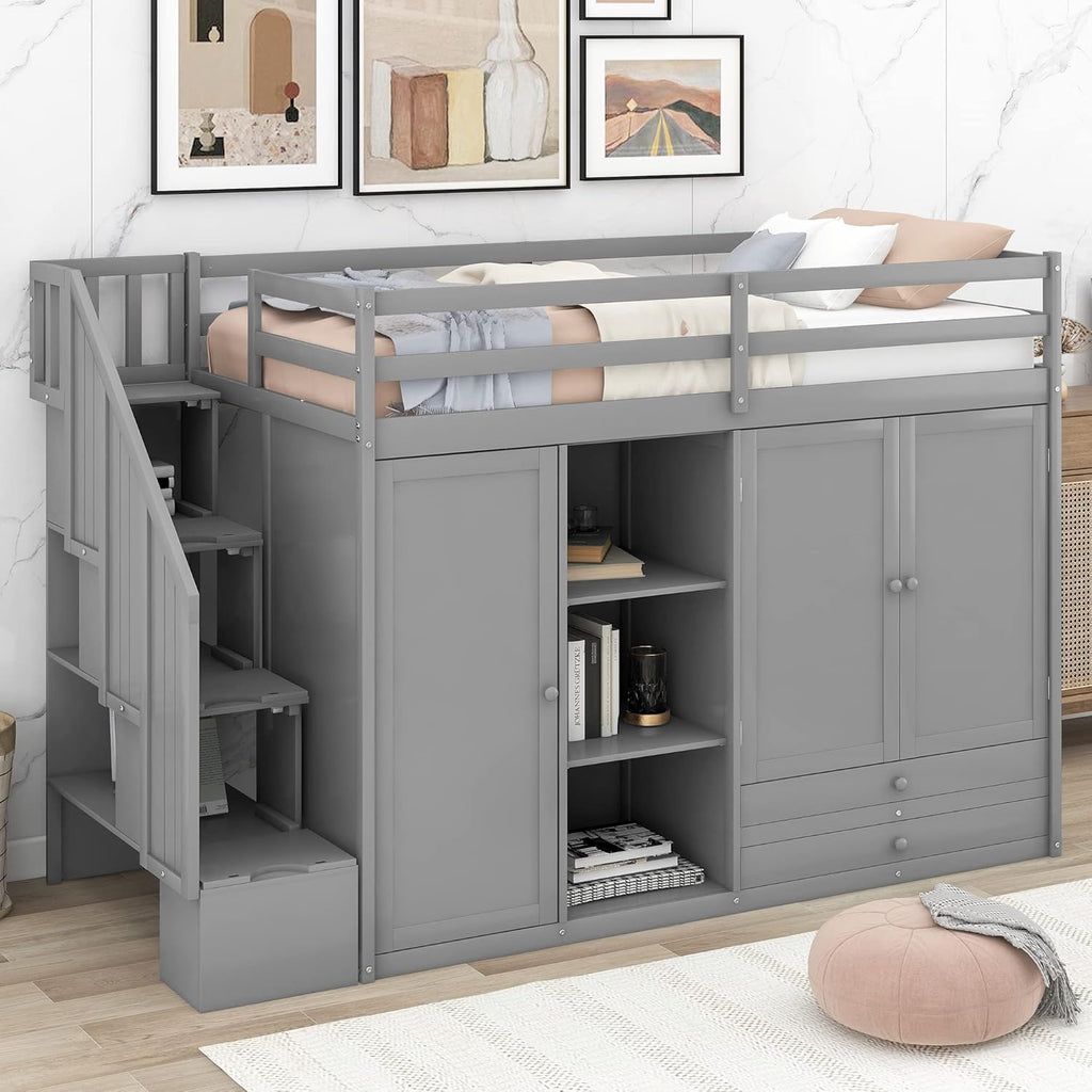 Twin Size Wooden Loft Bed with 3 Shelves, 2 Wardrobes, 2 Drawers, Ladder E814716