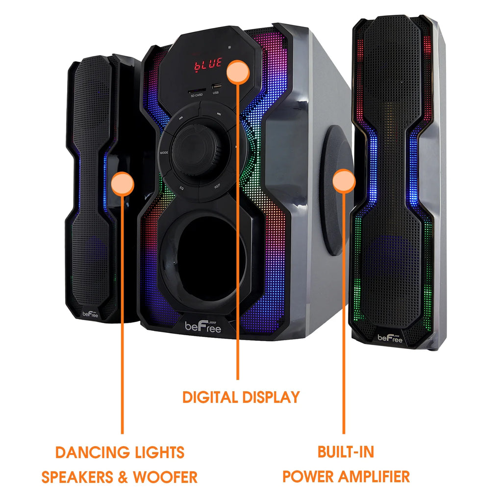 2.1 Channel Bluetooth Wired Speaker Stereo System with LED Lights, FM Radio, USB & SD Inputs - Black & Silver D345