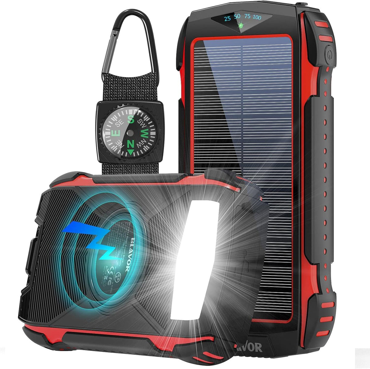 Solar Power Bank 20,000mAh with Camping Light, Compass Carabiner, IPX5 Waterproof (Orange) Z13355