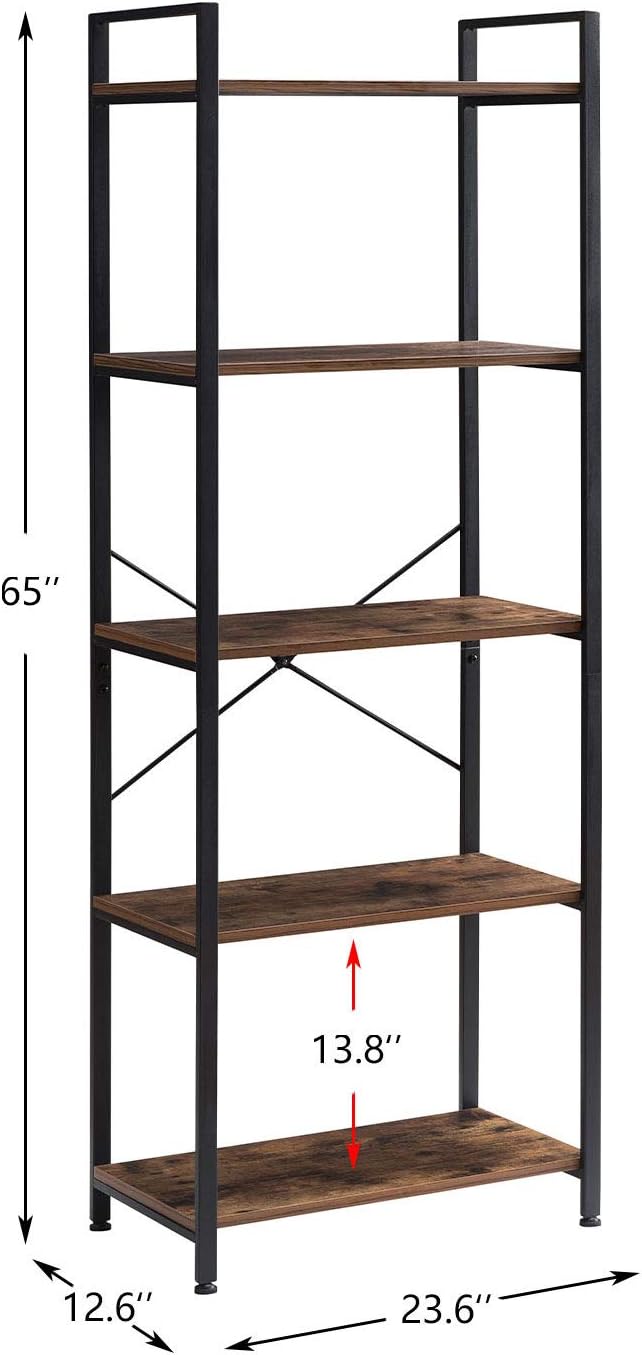 5-Tier Industrial Retro Brown Wood and Metal Bookcase E704