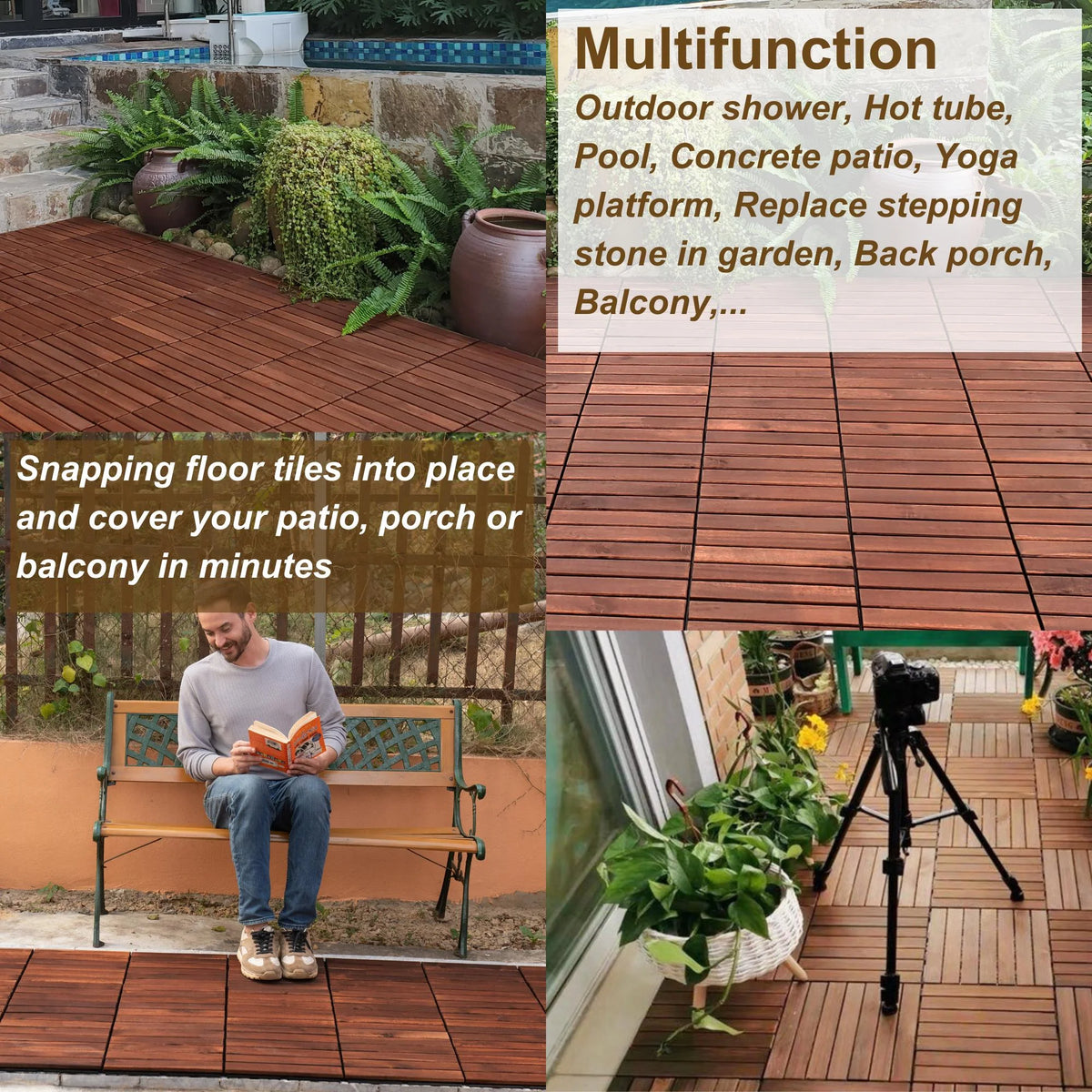 Pack of 20 12"x12" Interlocking Acacia Wood Deck Tiles N3732