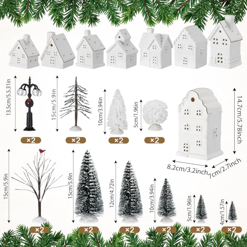 28 Pcs Ceramic LED White Christmas Village Set with Houses, Trees, Lamp Post I702497