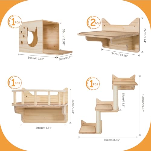 9-Piece Wall-Mounted Cat Shelves Set with 2 Sisal Scratching Posts A489234