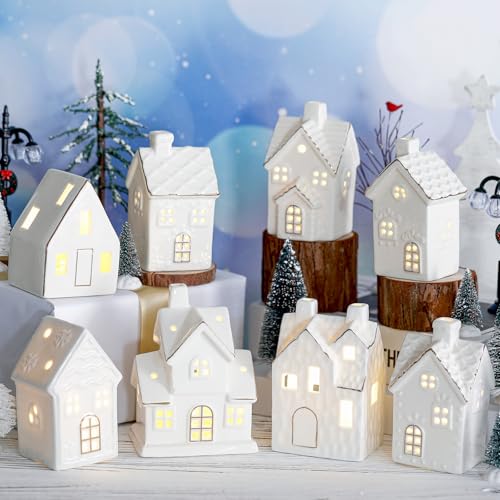 28 Pcs Ceramic LED White Christmas Village Set with Houses, Trees, Lamp Post I702497