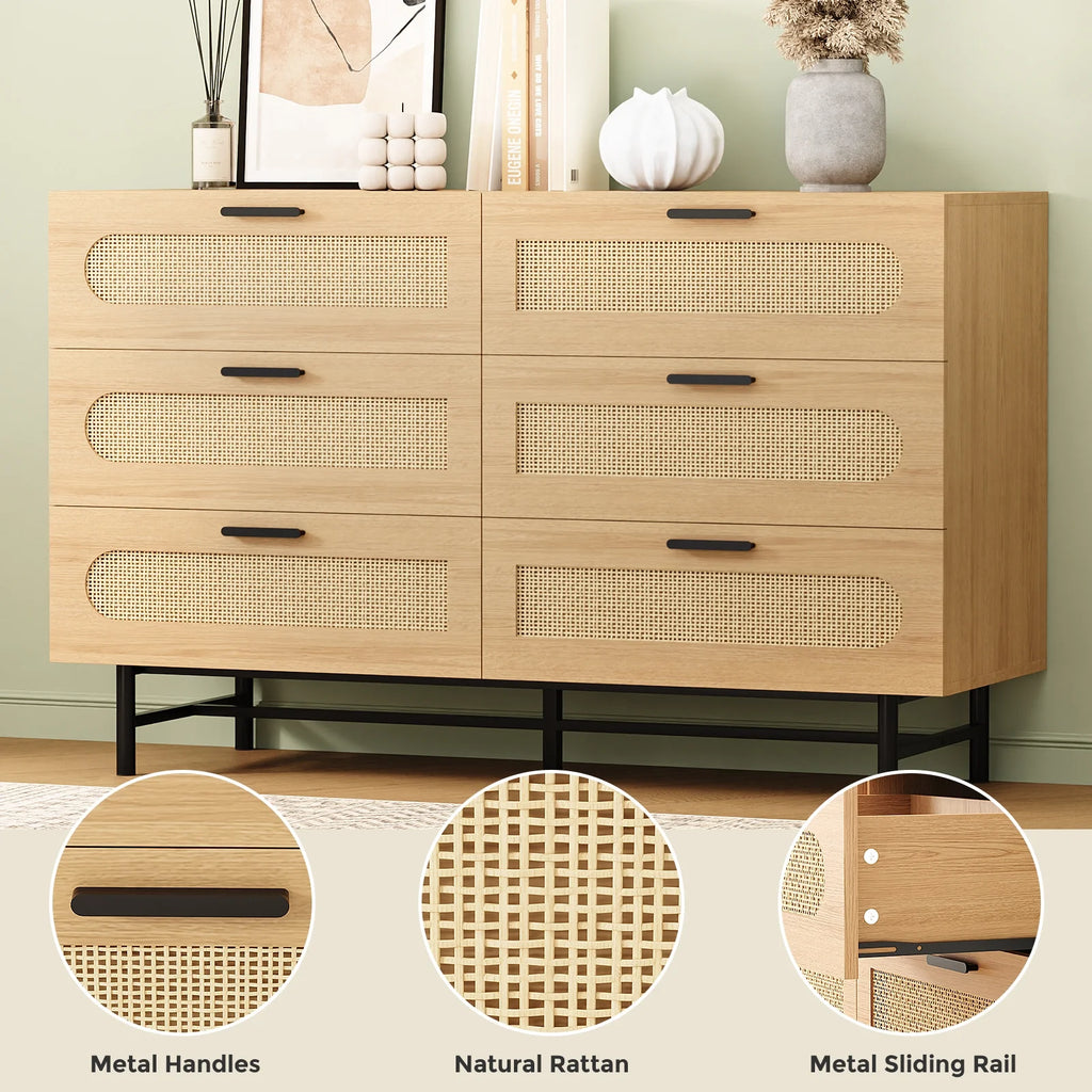 6 Drawer Natural Rattan Wood Dresser G9281
