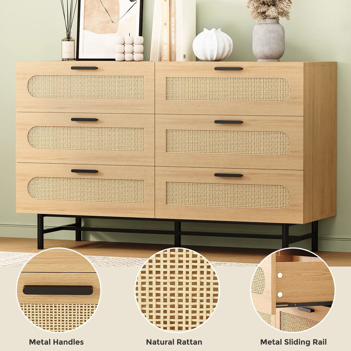 6 Drawer Natural Rattan Wood Dresser G9281