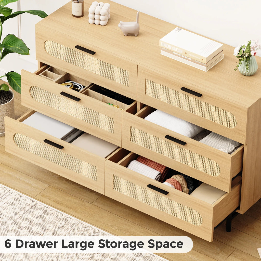 6 Drawer Natural Rattan Wood Dresser G9281