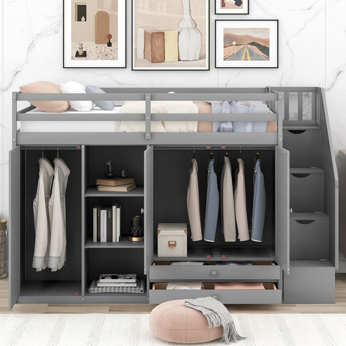 Twin Size Wooden Loft Bed with 3 Shelves, 2 Wardrobes, 2 Drawers, Ladder E814716