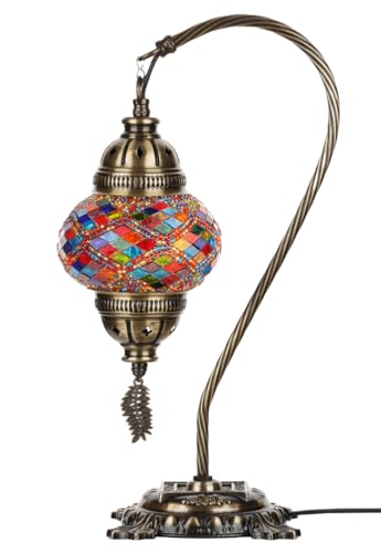 Turkish Moroccan Mosaic Table Lamp Handcrafted Tiffany-Style Colorful Glass Swan Neck Bedside Desk Table Light Boho Artisan Accent Lighting 15" H Black White Q3311