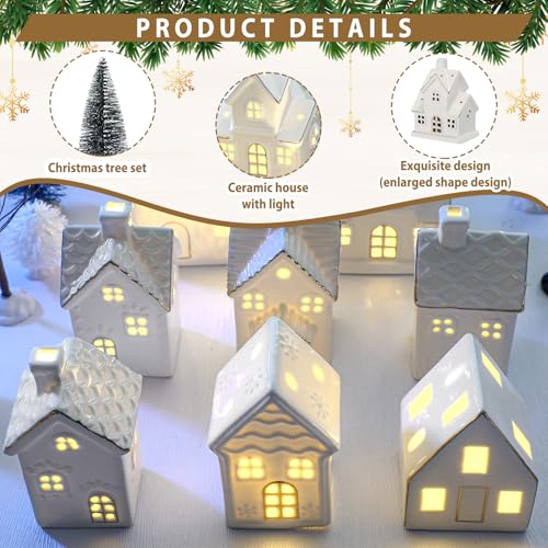 28 Pcs Ceramic LED White Christmas Village Set with Houses, Trees, Lamp Post I702497