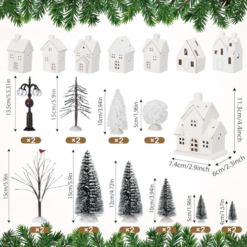28 Pcs Ceramic LED White Christmas Village Set with Houses, Trees, Lamp Post I702497
