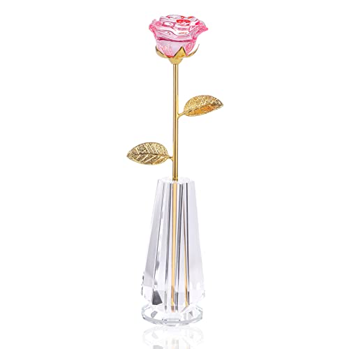 Crystal Pink Rose Flowers Glass Rose Golden Stem with Crystal Vase Figurine Collectible Decor H3286