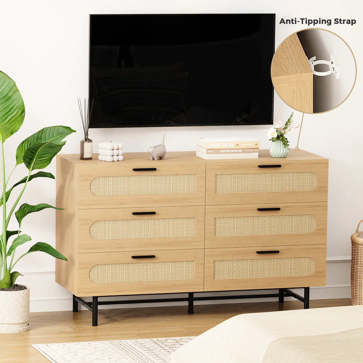6 Drawer Natural Rattan Wood Dresser G9281