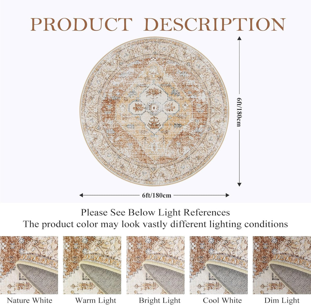 6Ft Washable Round Non-Slip Area Rug K1257