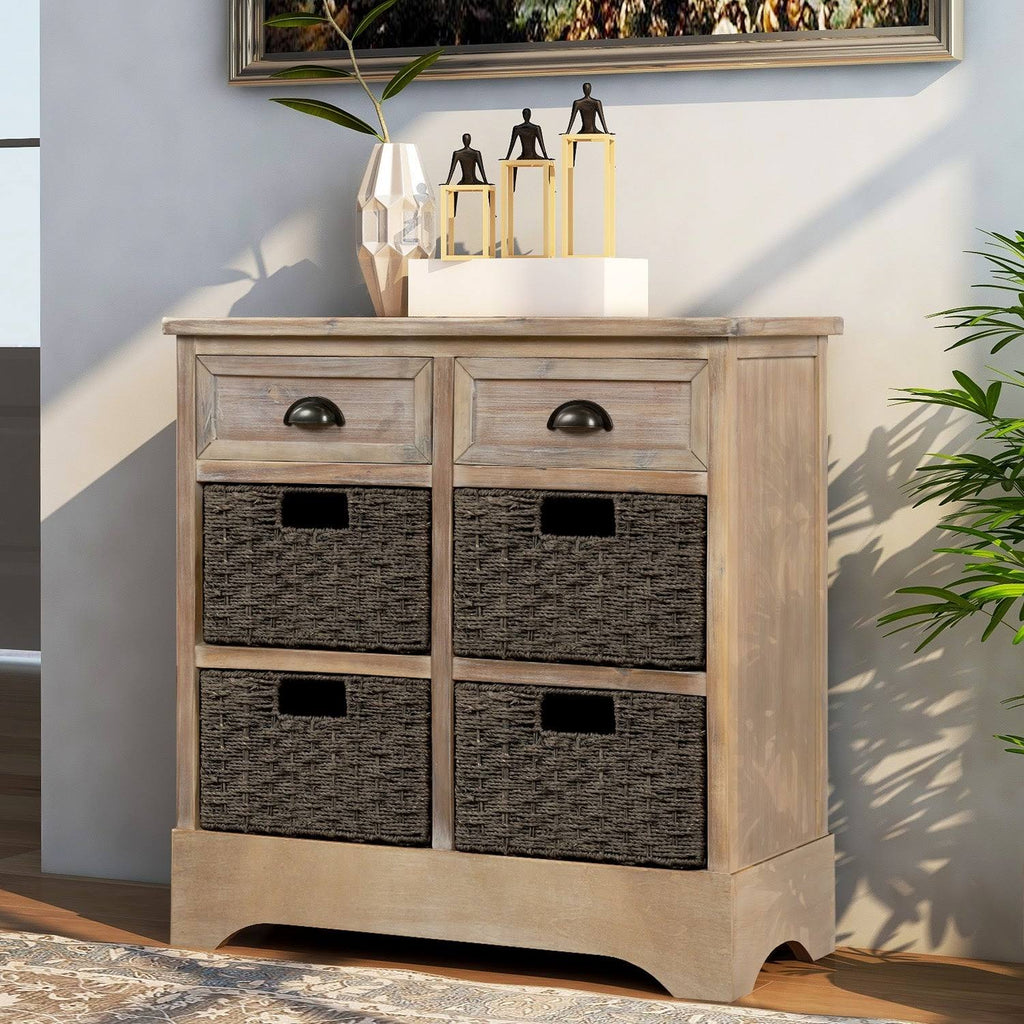 Rustic Storage Cabinet with 2 Drawers and 4 Fabric Basket C9420