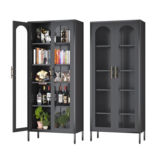 71" Tall Black Glass Display Cabinet with 4 Shelves X934523