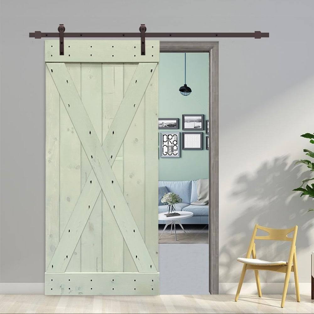 Sage Green Stained Wood Interior Sliding Barn Door with Hardware Kit I231344
