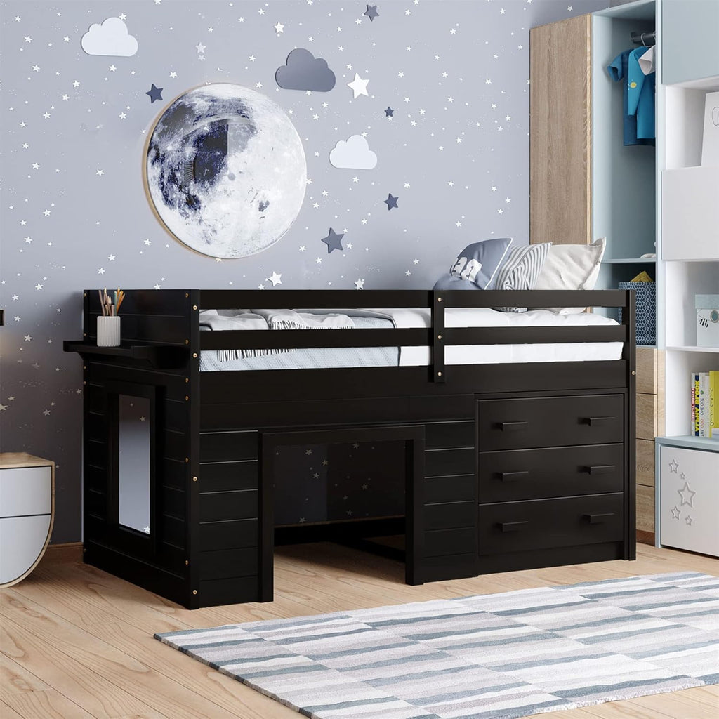 Twin Wood Loft Bed with Storage Drawers X2141