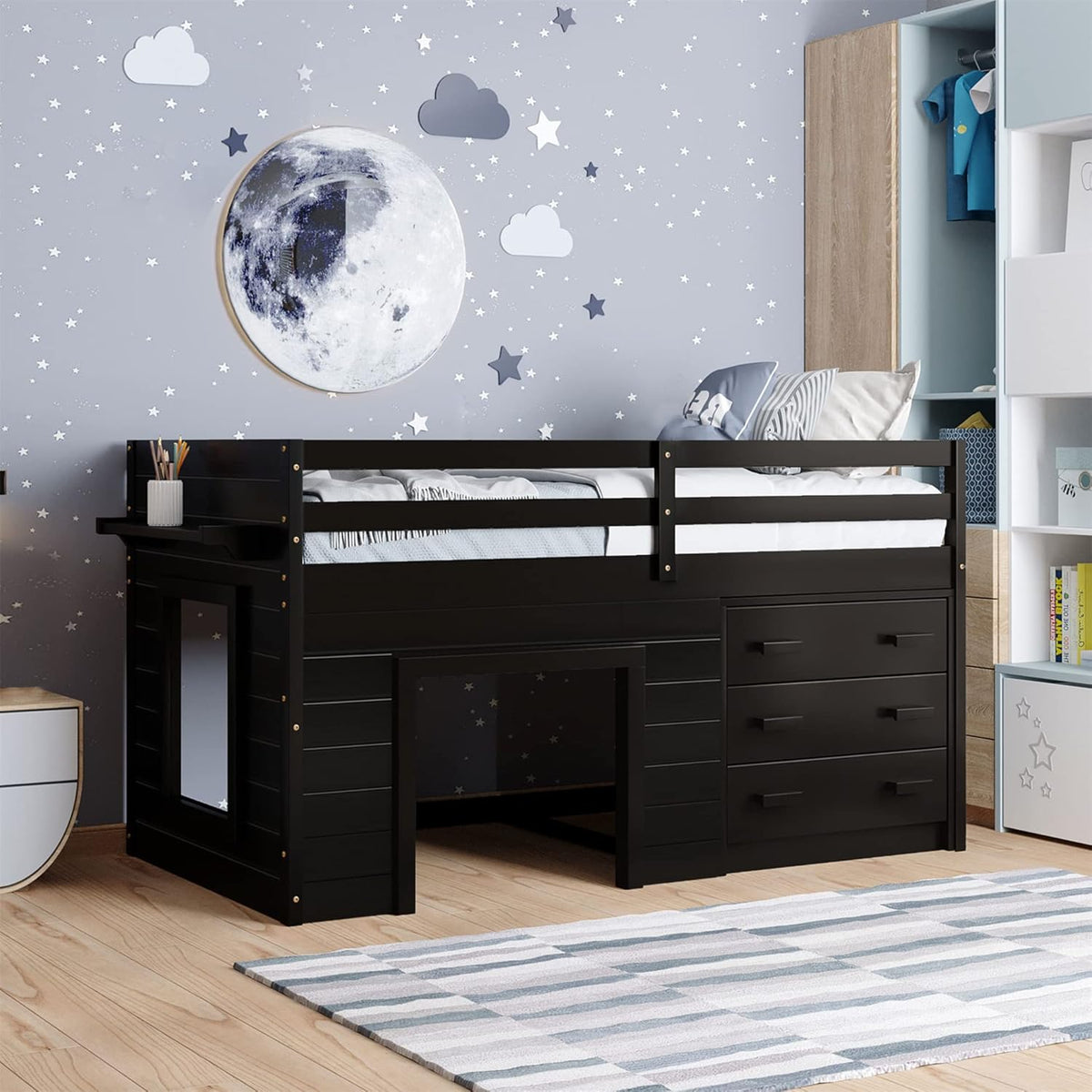 Twin Wood Loft Bed with Storage Drawers X2141