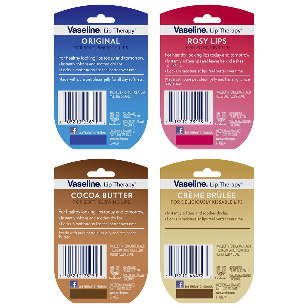 Vaseline Lip Therapy Rosy Lips, Cocoa Butter, Creme Brulee, Original Lip Balm, Tinted and Clear Lip Gloss Set, 2 of Each, 0.25 Oz Ea (8 Piece Set) R489