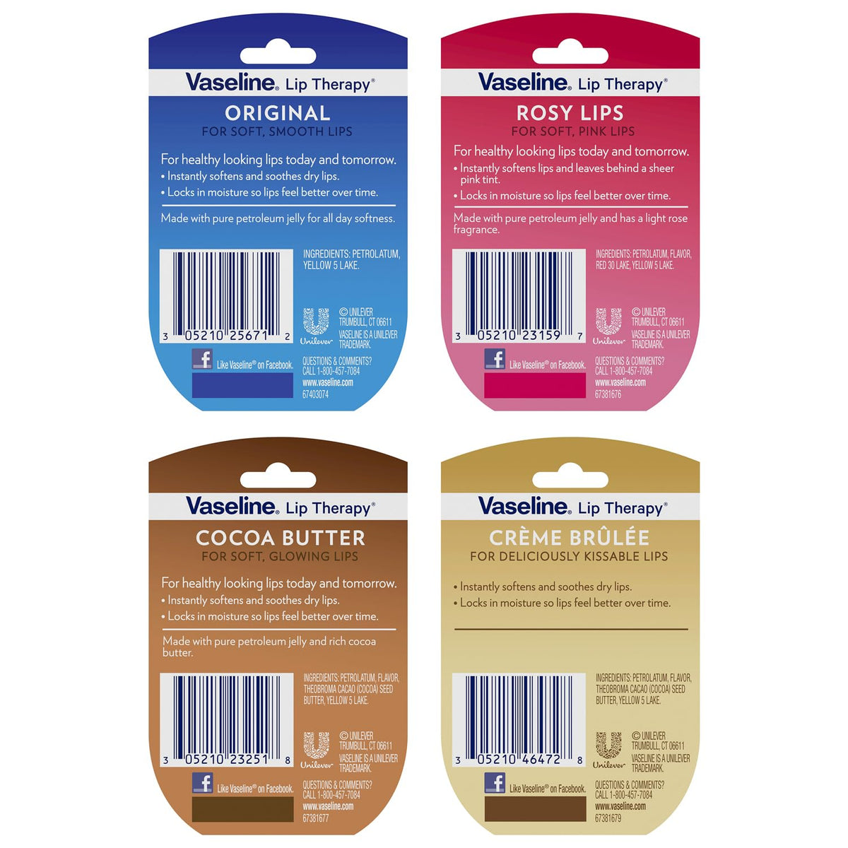 Vaseline Lip Therapy Rosy Lips, Cocoa Butter, Creme Brulee, Original Lip Balm, Tinted and Clear Lip Gloss Set, 2 of Each, 0.25 Oz Ea (8 Piece Set) R489