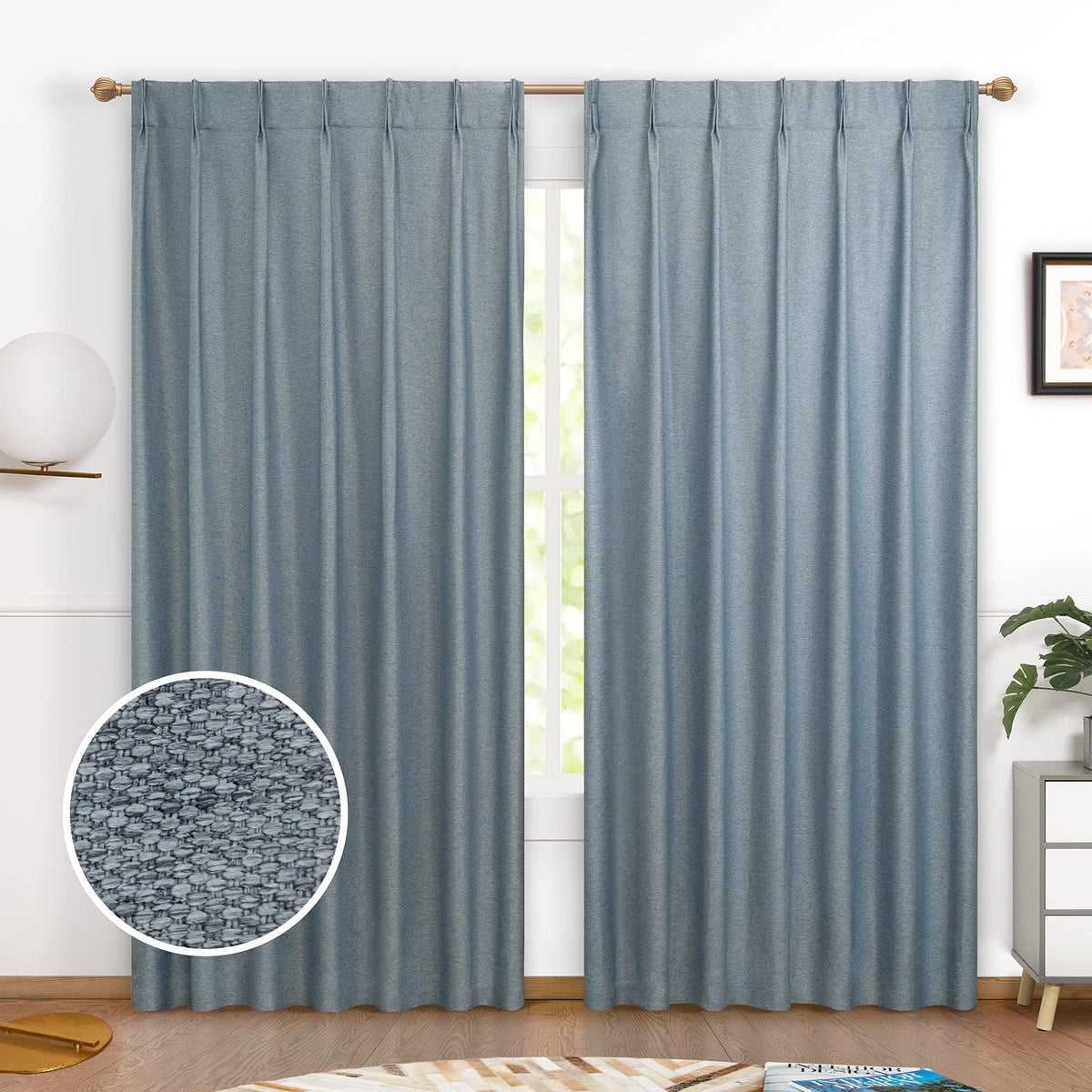 Dusty Blue Faux Linen Blackout Curtains 84 Inches 2 Panels J3757