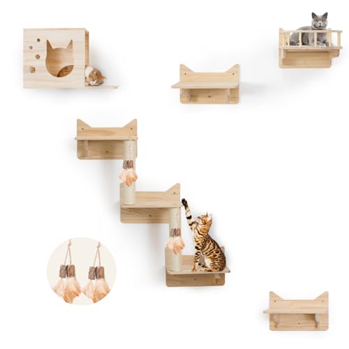 9-Piece Wall-Mounted Cat Shelves Set with 2 Sisal Scratching Posts A489234