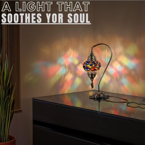 Turkish Moroccan Mosaic Table Lamp Handcrafted Tiffany-Style Colorful Glass Swan Neck Bedside Desk Table Light Boho Artisan Accent Lighting 15" H Black White Q3311